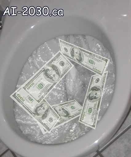 Toilet Bowl flushing several $100 US Dollar Bills
